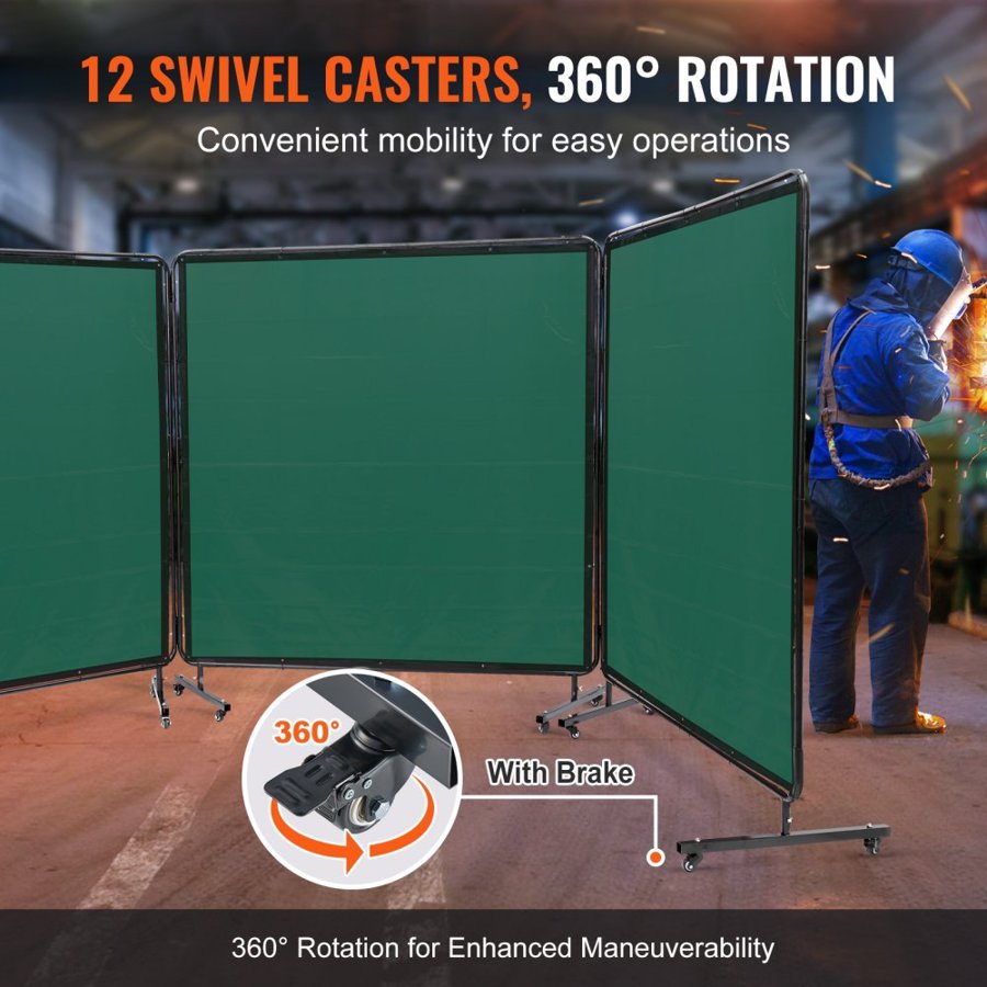 VEVOR Welding Screen with Frame, 182.9 cm x 182.9 cm 3 Panel Welding Curtain Screens, Flame-Resistant Vinyl Welding Protection Screen on 12 Swivel Wheels (6 Lockable), Moveable & Professional for Workshop, Green