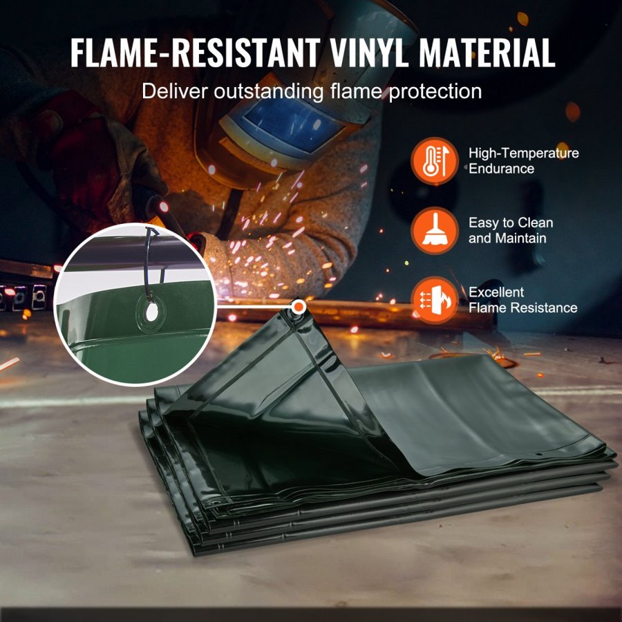 VEVOR Welding Screen with Frame, 182.9 cm x 182.9 cm 3 Panel Welding Curtain Screens, Flame-Resistant Vinyl Welding Protection Screen on 12 Swivel Wheels (6 Lockable), Moveable & Professional for Workshop, Green