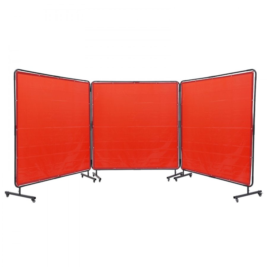 VEVOR Welding Screen with Frame, 1.8 x 1.8 m 3 Panel Welding Curtain Screens, Flame-Resistant Vinyl Welding Protection Screen on 12 Swivel Wheels (6 Lockable), Moveable & Professional for Workshop, Red