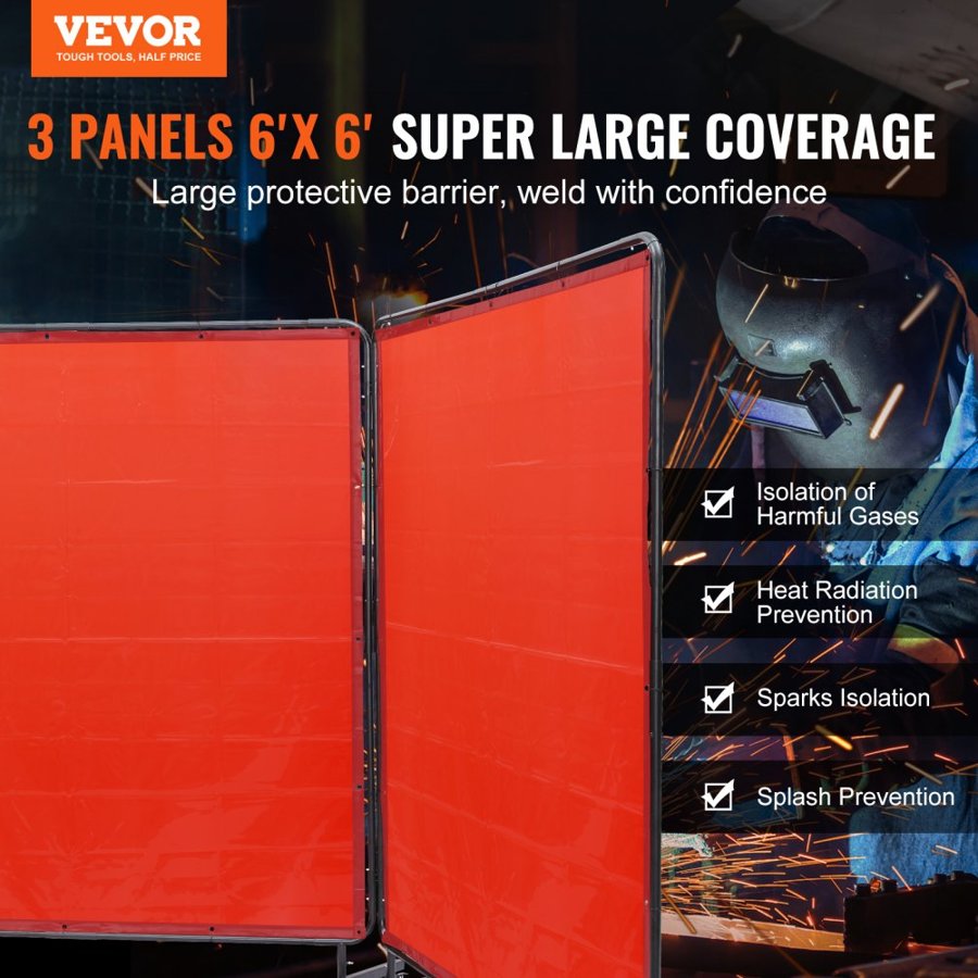VEVOR Welding Screen with Frame, 1.8 x 1.8 m 3 Panel Welding Curtain Screens, Flame-Resistant Vinyl Welding Protection Screen on 12 Swivel Wheels (6 Lockable), Moveable & Professional for Workshop, Red