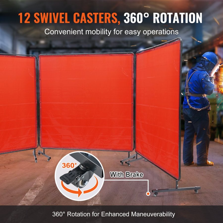 VEVOR Welding Screen with Frame, 1.8 x 1.8 m 3 Panel Welding Curtain Screens, Flame-Resistant Vinyl Welding Protection Screen on 12 Swivel Wheels (6 Lockable), Moveable & Professional for Workshop, Red