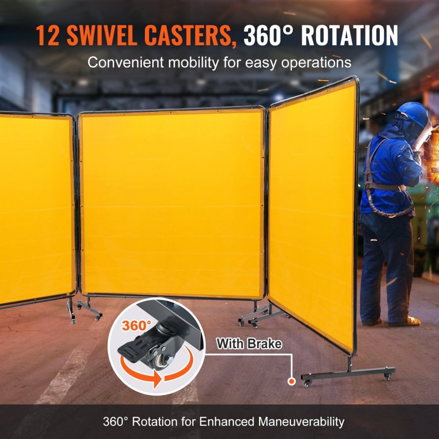 VEVOR Welding Screen with Frame, 6' x 6' 3 Panel Welding Curtain Screens, Flame-Resistant Vinyl Welding Protection Screen on 12 Swivel Wheels (6 Lockable), Moveable & Professional for Workshop, Yellow