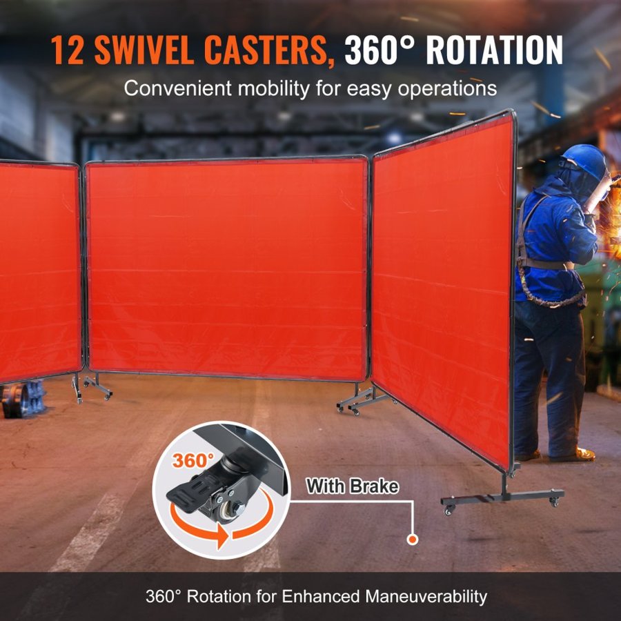 VEVOR Welding Screen with Frame, 1.8 x 2.4 m 3 Panel Welding Curtain Screens, Flame-Resistant Vinyl Welding Protection Screen on 12 Swivel Wheels (6 Lockable), Moveable & Professional for Workshop, Red