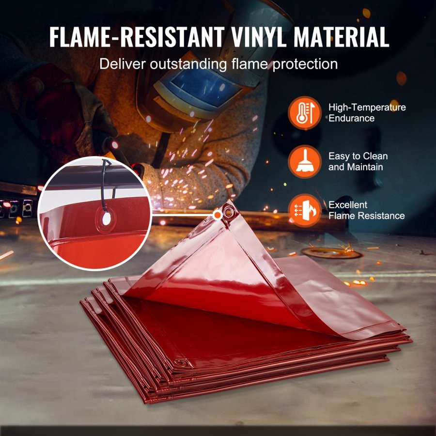 VEVOR Welding Screen with Frame, 1.8 x 2.4 m 3 Panel Welding Curtain Screens, Flame-Resistant Vinyl Welding Protection Screen on 12 Swivel Wheels (6 Lockable), Moveable & Professional for Workshop, Red