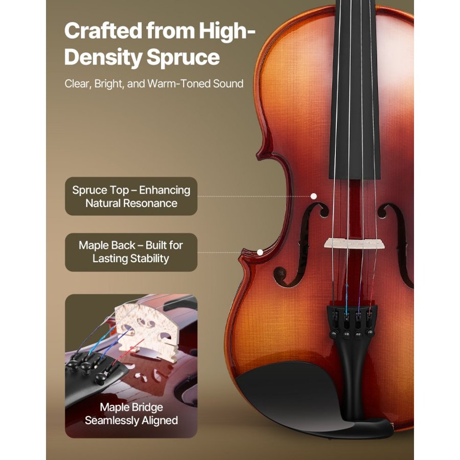 VEVOR Violin 4/4 355mm Full Size Fiddle Set Solidwood for Beginner Glossy Brown