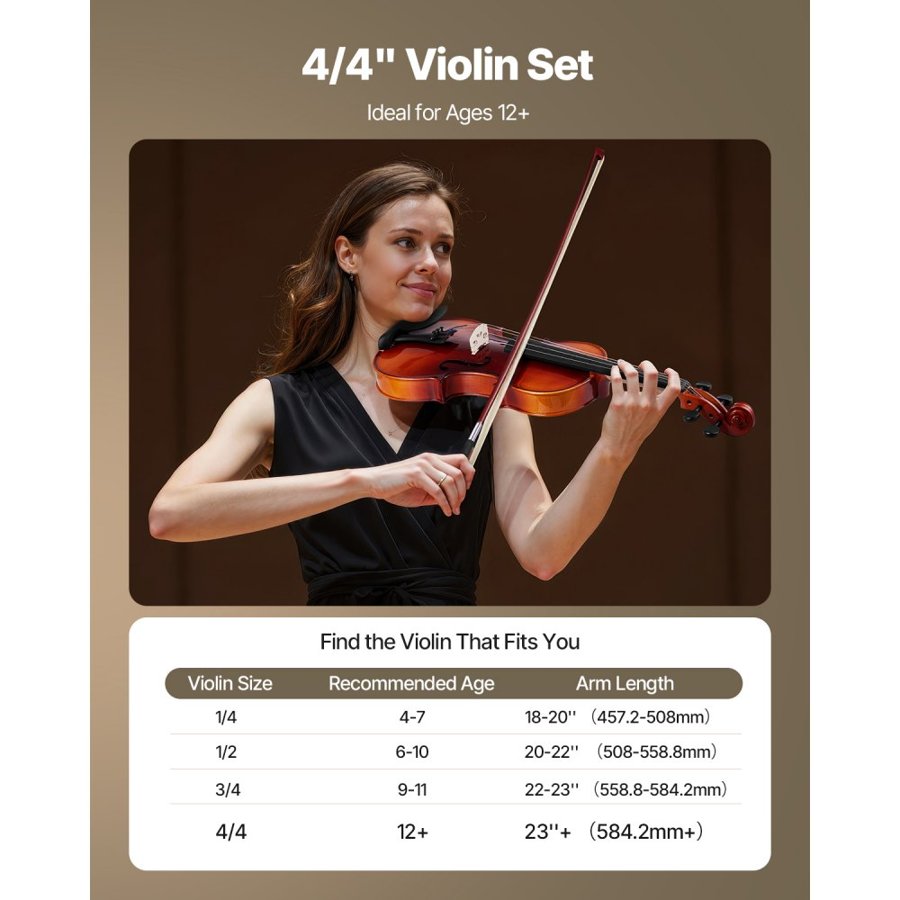 VEVOR Violin 4/4 355mm Full Size Fiddle Set Solidwood for Beginner Glossy Brown