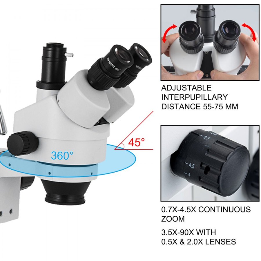 VEVOR 3.5X-90X Simul-Focal Stereo Microscope 360°Swiveling Trinocular Stereo Microscope with Dual Arm Boom