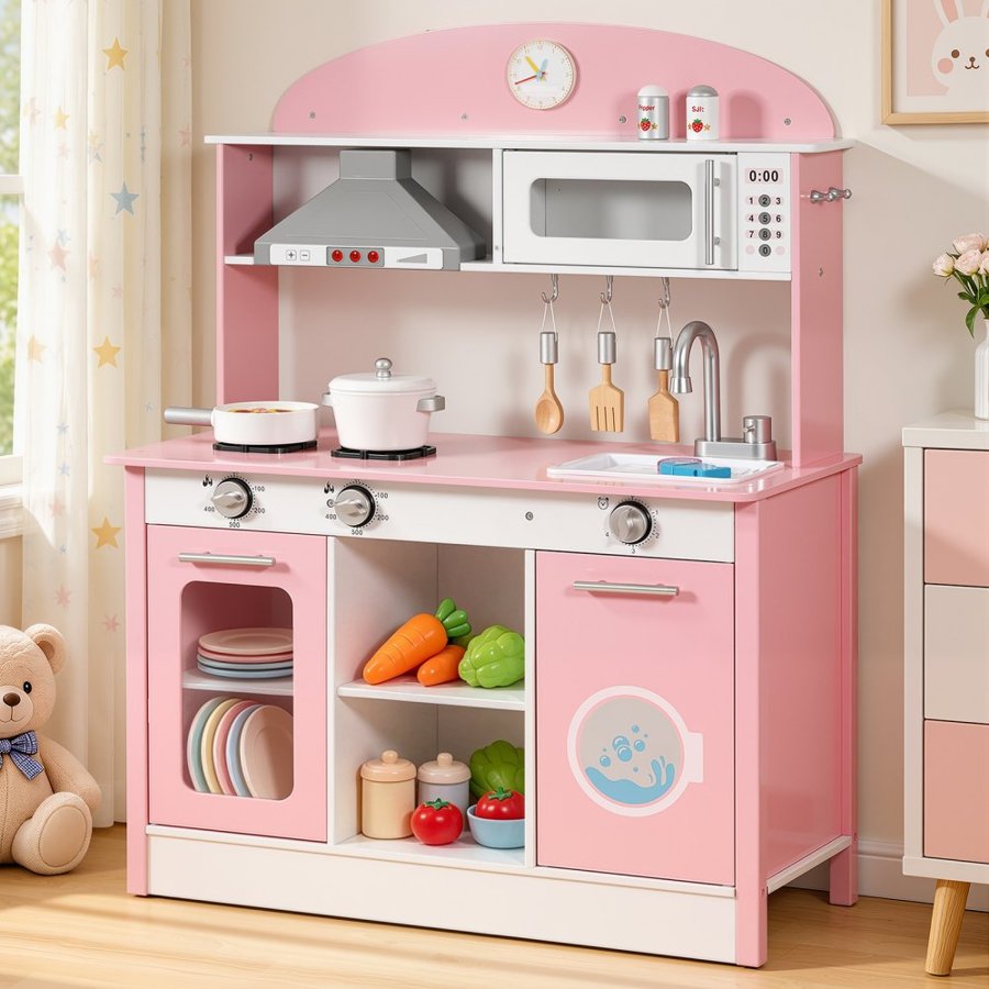 VEVOR Play Kitchen for Kids, Wooden, Kids Kitchen Playset with Real Lights & Sounds, Food & Cookware Accessories, Pretend Play Toy Set, Range Hood, Microwave, for Toddlers, Girls & Boys Ages 3-8, Pink