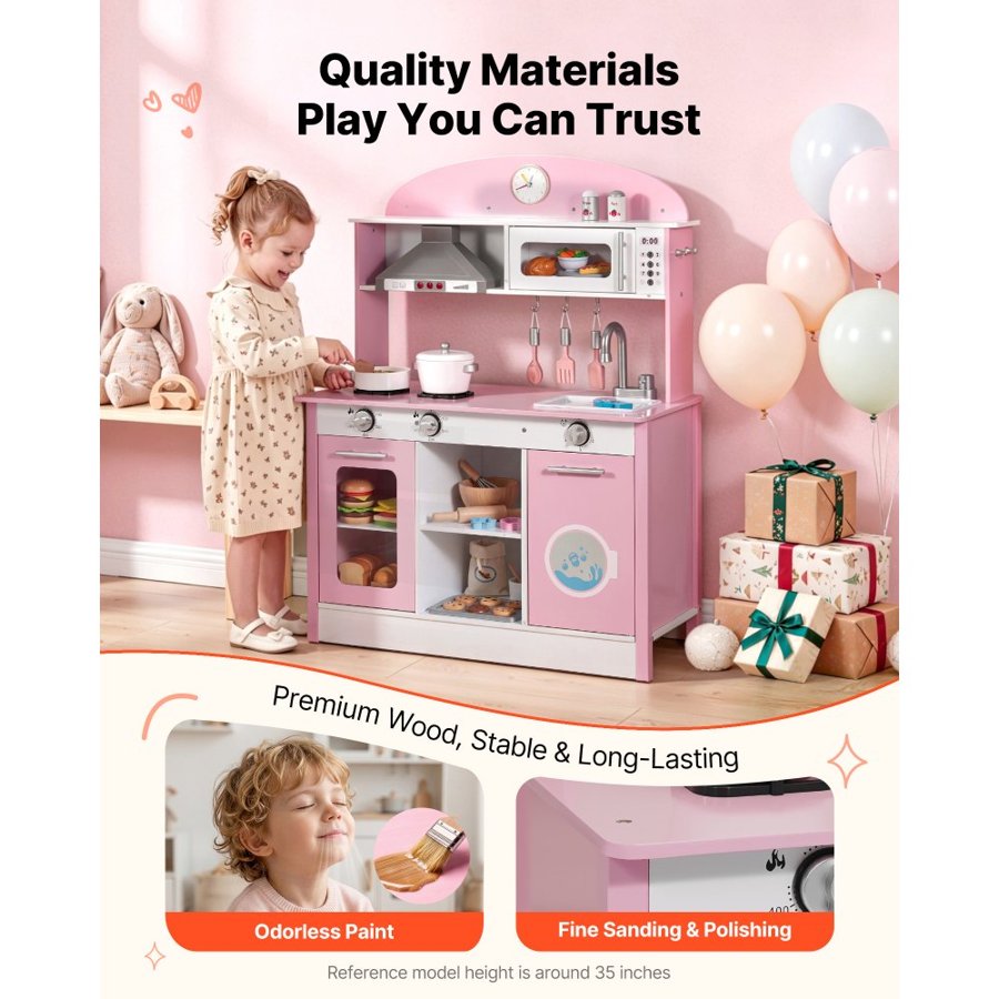 VEVOR Play Kitchen for Kids, Wooden, Kids Kitchen Playset with Real Lights & Sounds, Food & Cookware Accessories, Pretend Play Toy Set, Range Hood, Microwave, for Toddlers, Girls & Boys Ages 3-8, Pink