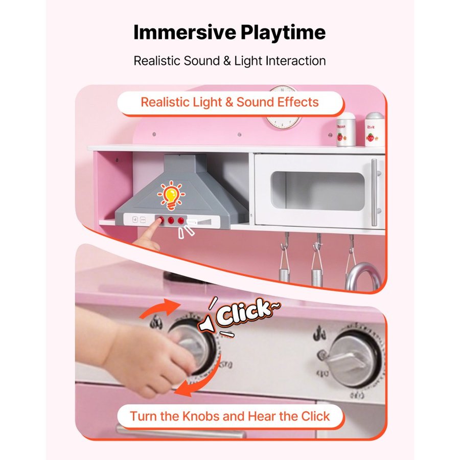 VEVOR Play Kitchen for Kids, Wooden, Kids Kitchen Playset with Real Lights & Sounds, Food & Cookware Accessories, Pretend Play Toy Set, Range Hood, Microwave, for Toddlers, Girls & Boys Ages 3-8, Pink