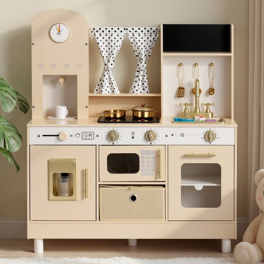 VEVOR Play Kitchen for Kids, Wooden, Kids Kitchen Playset with Realistic Lights & Sounds, Food & Cookware, Modern Style Pretend Play Toy Set, Ice Maker, Microwave, for Toddlers, Girls & Boys Ages 3-8