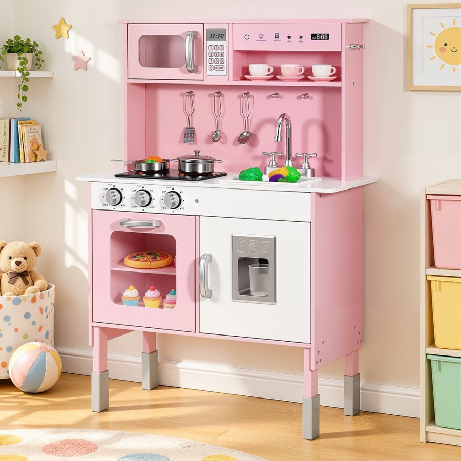 VEVOR Play Kitchen for Kids, Wooden, Kids Kitchen Playset with Real Lights & Sounds, Food & Cookware, Pretend Play Toy Set, Microwave, Oven, Clicking Knobs, for Toddlers, Girls & Boys Ages 3-8, Pink