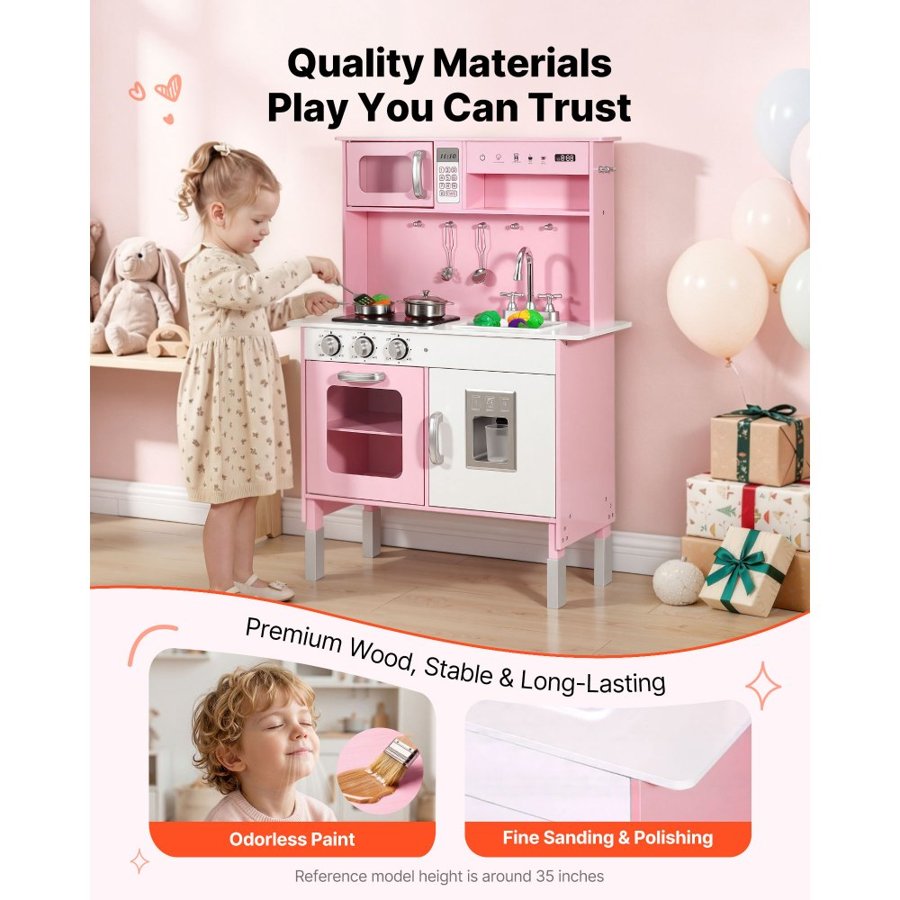 VEVOR Play Kitchen for Kids, Wooden, Kids Kitchen Playset with Real Lights & Sounds, Food & Cookware, Pretend Play Toy Set, Microwave, Oven, Clicking Knobs, for Toddlers, Girls & Boys Ages 3-8, Pink