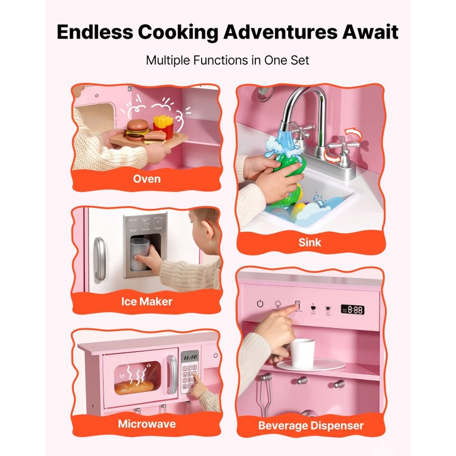 VEVOR Play Kitchen for Kids, Wooden, Kids Kitchen Playset with Real Lights & Sounds, Food & Cookware, Pretend Play Toy Set, Microwave, Oven, Clicking Knobs, for Toddlers, Girls & Boys Ages 3-8, Pink