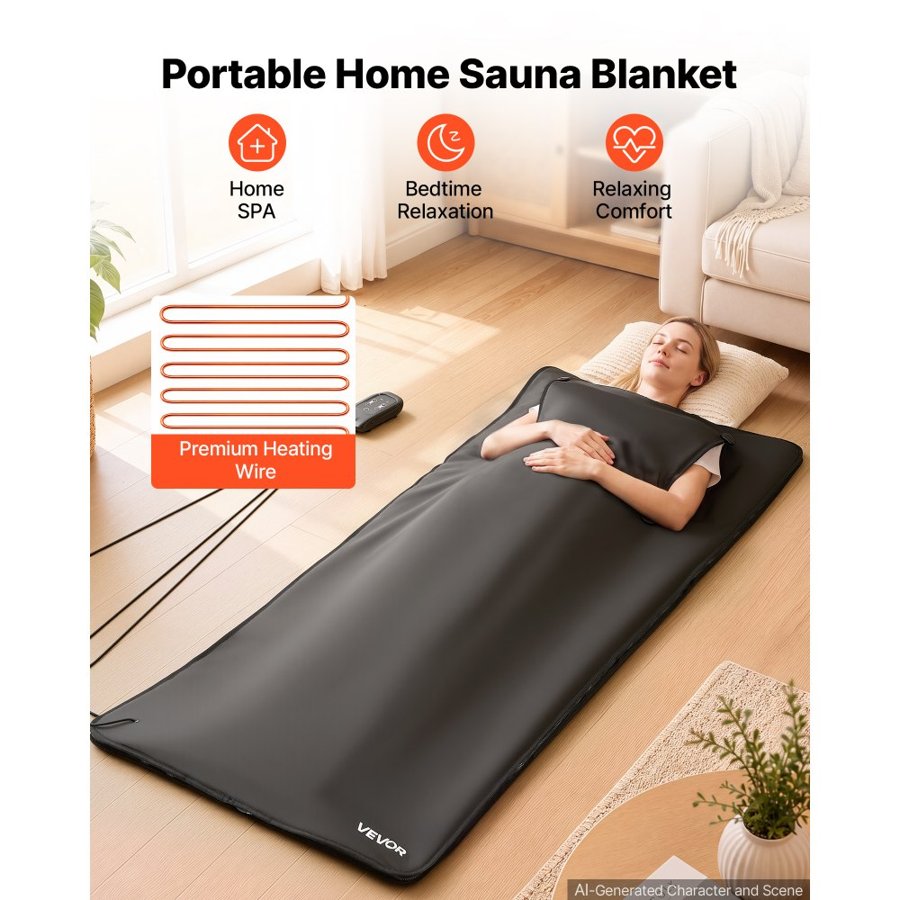 VEVOR Infrared Sauna Blanket with Armholes, 180 x 80 cm Portable Sauna Bag, Even Heating for Home Detox & Relaxation, Temp Control & Timer, Lightweight Oxford Fabric Heating Wrap with Carry Bag, Black