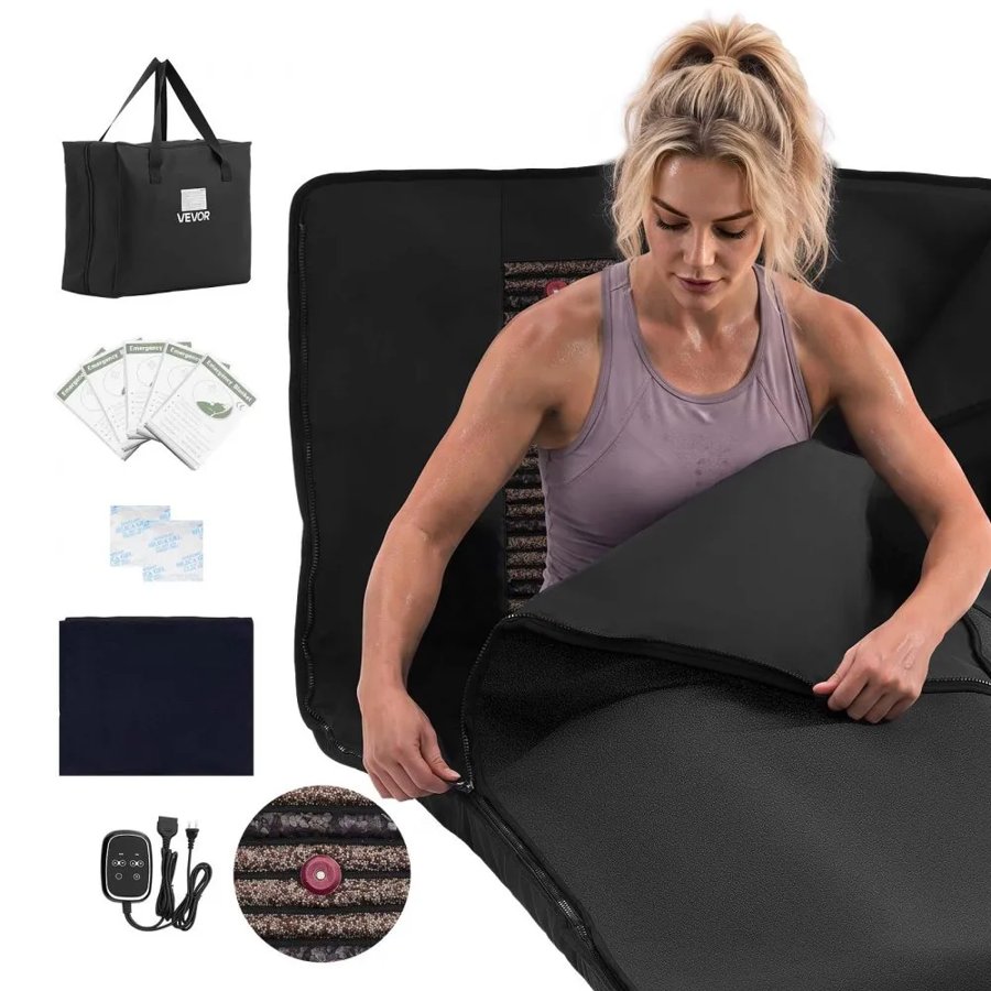 VEVOR Infrared Sauna Blanket with Mineral Stones, 185 x 90 cm Sauna Bag, Zero EMF, Portable for Home Detox and Relaxation, Temperature Control & Timer, PU Leather Heating Wrap with Carry Bag, Black