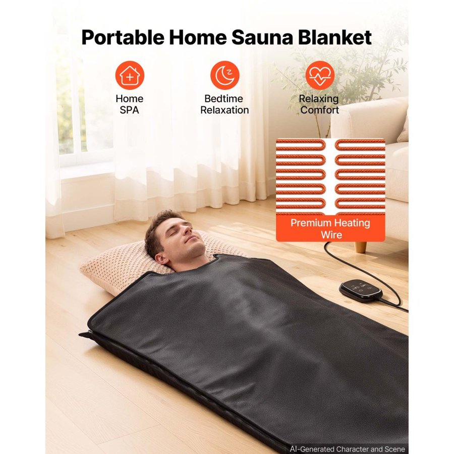 VEVOR Infrared Sauna Blanket with Mineral Stones, 185 x 90 cm Sauna Bag, Zero EMF, Portable for Home Detox and Relaxation, Temperature Control & Timer, PU Leather Heating Wrap with Carry Bag, Black