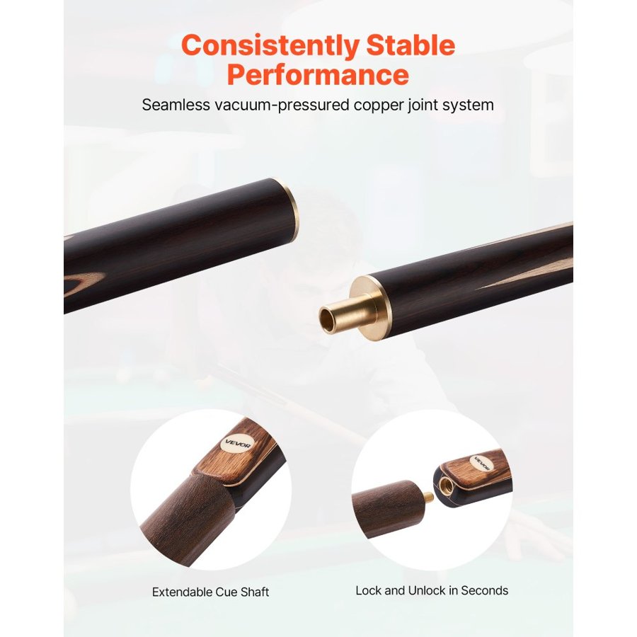 VEVOR Pool Cue, 1447.8mm Jointed Snooker Cue, Snooker Cues Stick with Extension Rod & 9.5mm Leather Tip, 538g Pools Stick for Professional Pool Table, Bar, Home, Office, Includes Aluminum Case
