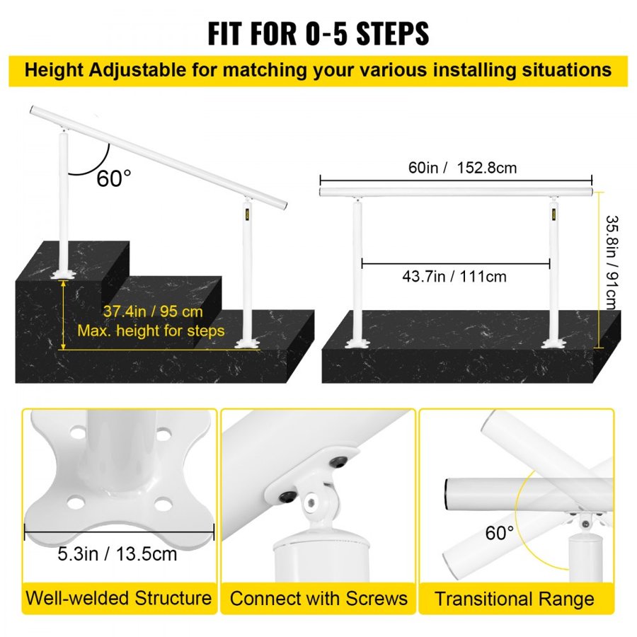 VEVOR Stair Railing Kit, 152.4 cm Handrails for Outdoor 0-5 Steps, Adjustable Angle White Aluminum Stair Handrail, Indoor & Outdoor Stairs for the Elderly