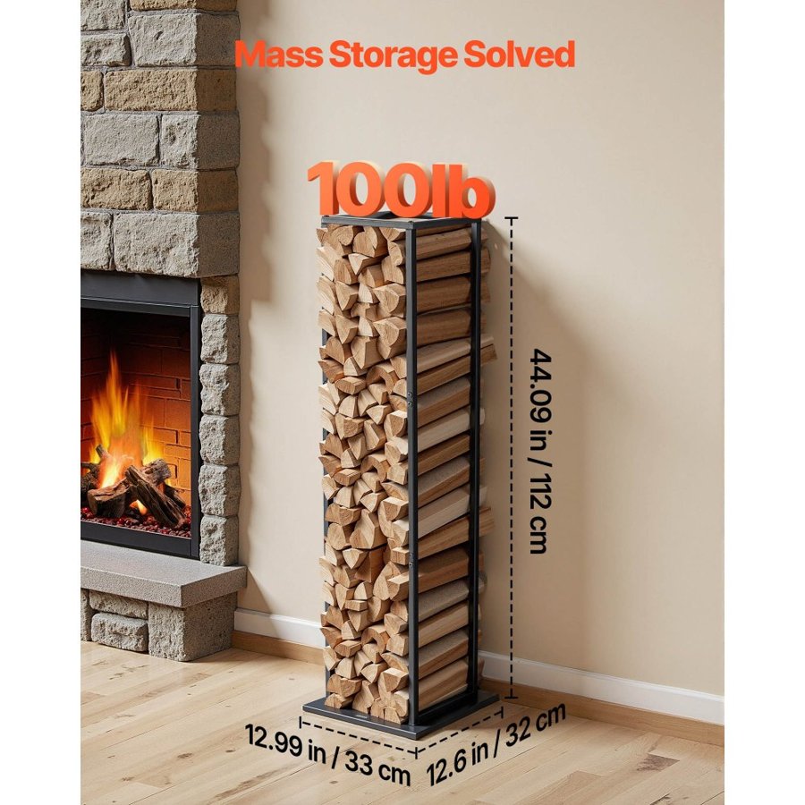 VEVOR Indoor Firewood Rack, 33 × 32 × 112 cm Log Stacker Holder, Holds up to 45kg, Tall Wood Storage Stand, Powder-Coated Steel Firewood Holder, Heavy Duty Wood Pile Rack for Fireplace