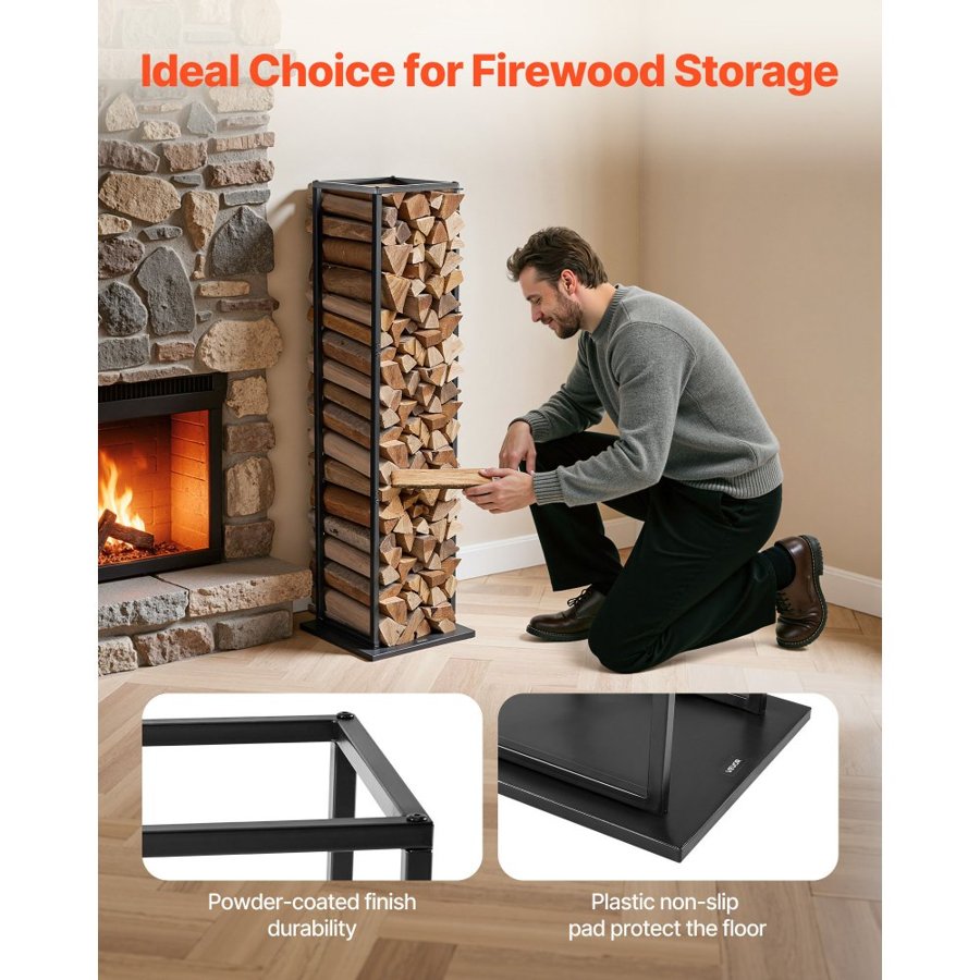 VEVOR Indoor Firewood Rack, 33 × 32 × 112 cm Log Stacker Holder, Holds up to 45kg, Tall Wood Storage Stand, Powder-Coated Steel Firewood Holder, Heavy Duty Wood Pile Rack for Fireplace