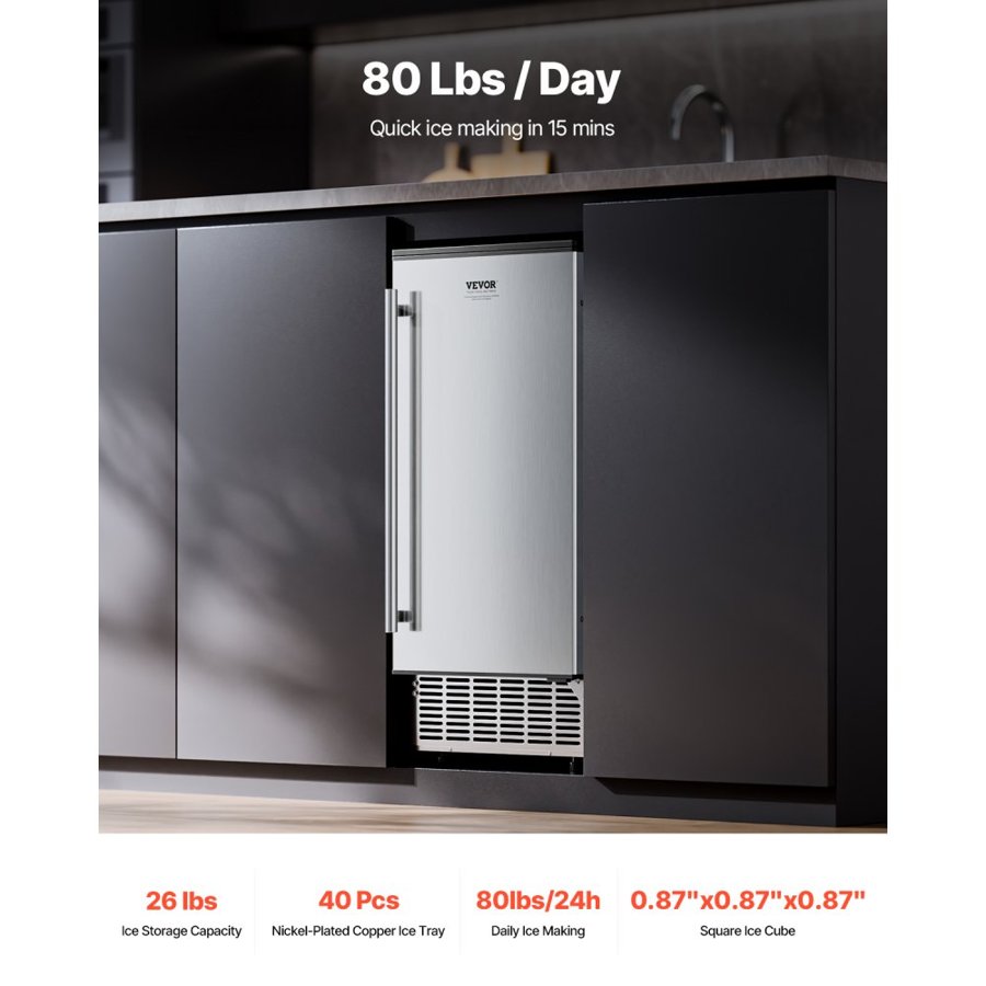 VEVOR Undercounter Built-in Ice Maker, 80 Lbs/Day Under Counter Ice Maker Machine with Reversible Door Stainless Steel, Freestanding Ice Maker for Commercial Home Kitchen, Electric Drainage