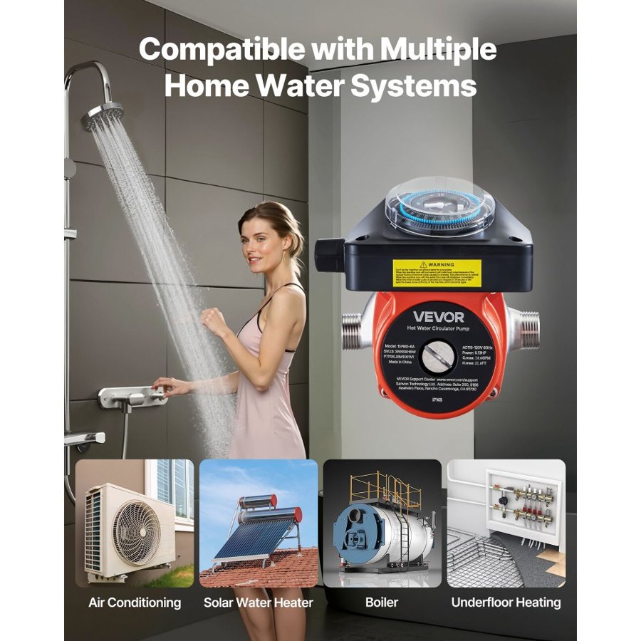 VEVOR Hot Water Recirculating Pump, with Timer, 38 LPM Instant Recirculation Pump Kit, Circulation Circulator System, 100W AC 220-240V, G3/4 in to G1/2 in Connector, for Boiler Solar Water Heater