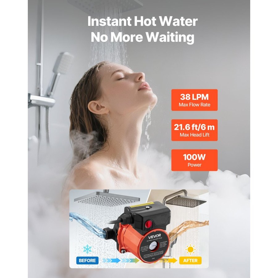 VEVOR Hot Water Recirculating Pump, 38 LPM, Instant Circulation Circulator Pump System, 3-Speed Control, 100W, AC 220-240V, G3/4 in to G1/2 in Adapter, Cast Iron Head, for Water Heater System