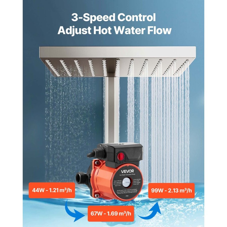 VEVOR Hot Water Recirculating Pump, 38 LPM, Instant Circulation Circulator Pump System, 3-Speed Control, 100W, AC 220-240V, G3/4 in to G1/2 in Adapter, Cast Iron Head, for Water Heater System