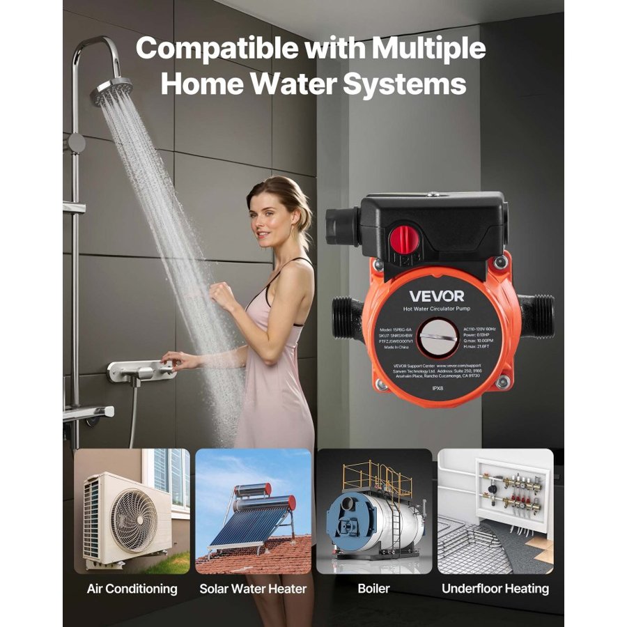 VEVOR Hot Water Recirculating Pump, 38 LPM, Instant Circulation Circulator Pump System, 3-Speed Control, 100W, AC 220-240V, G3/4 in to G1/2 in Adapter, Cast Iron Head, for Water Heater System