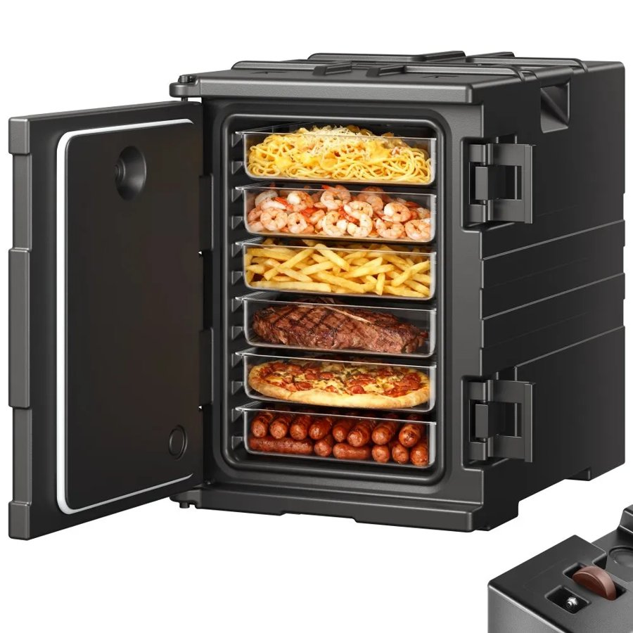 VEVOR Insulated Food Pan Carrier, 90 L Hot Box for Catering, LLDPE Food Box Carrier with Double Buckles, Front Loading Food Warmer with Handles, Stackable End Loader for Restaurant, Canteen, etc. Bla