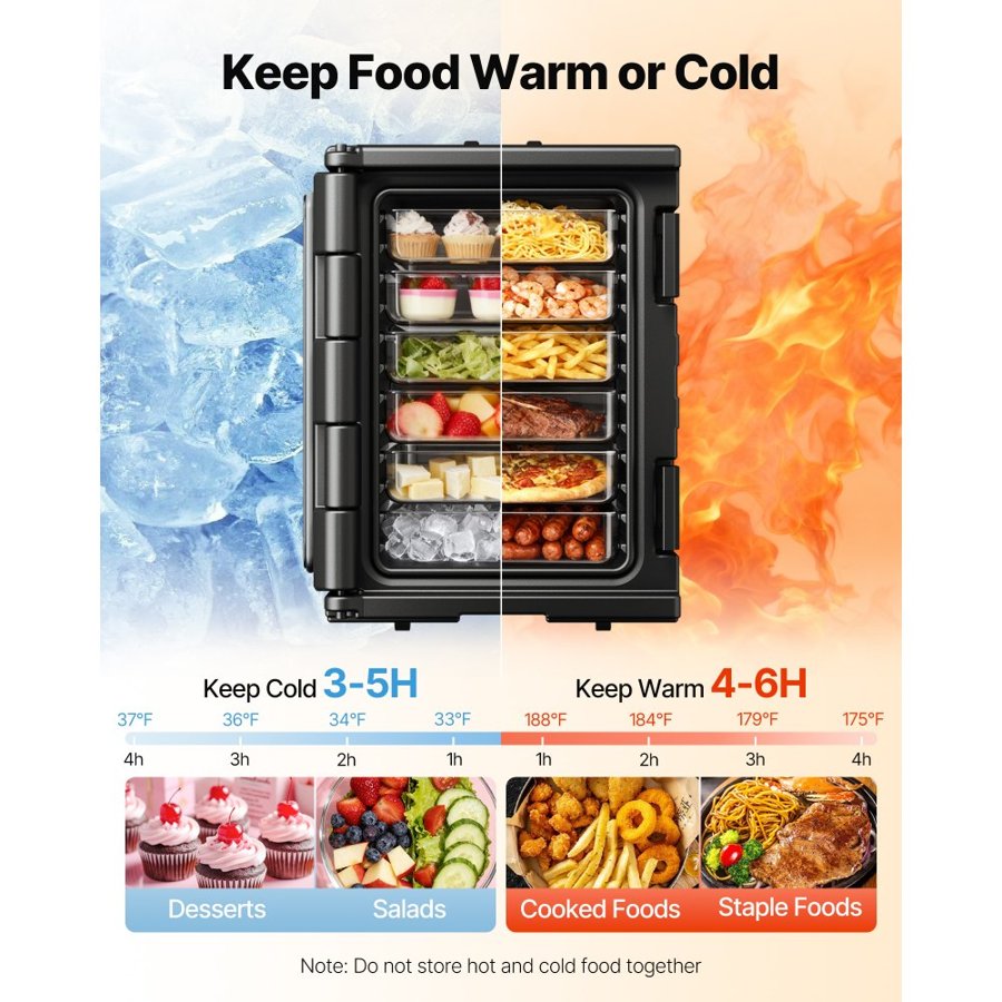 VEVOR Insulated Food Pan Carrier, 90 L Hot Box for Catering, LLDPE Food Box Carrier with Double Buckles, Front Loading Food Warmer with Handles, Stackable End Loader for Restaurant, Canteen, etc. Bla