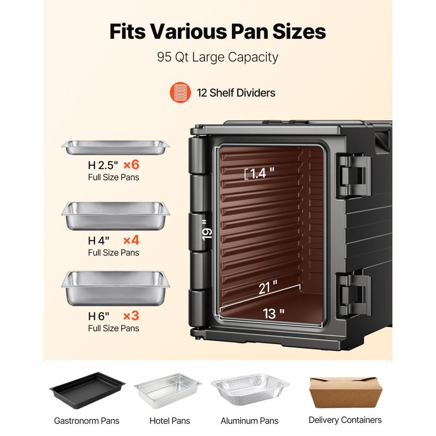 VEVOR Insulated Food Pan Carrier, 90 L Hot Box for Catering, LLDPE Food Box Carrier with Double Buckles, Front Loading Food Warmer with Handles, Stackable End Loader for Restaurant, Canteen, etc. Bla
