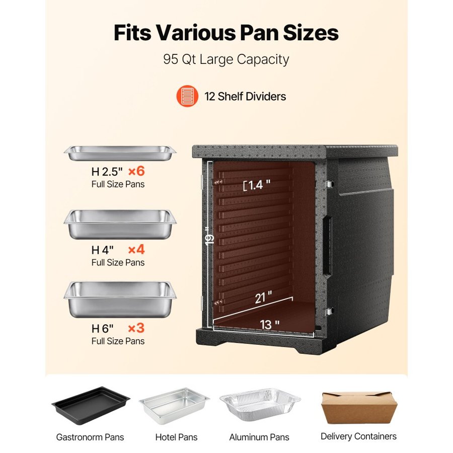 VEVOR Insulated Food Pan Carrier, 82 Qt Hot Box for Catering, LLDPE Food Box Carrier with Double Buckles, Front Loading Food Warmer for Restaurant, Canteen, etc.