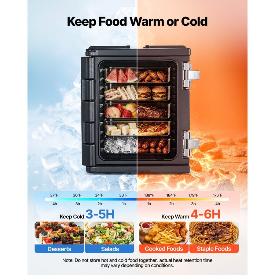 VEVOR Insulated Food Pan Carrier, 75 L Non-Electrical Food Warmer, with Wheel & 304 Stainless Steel Latch, LLDPE Stackable Hot Box, for Various Pan Sizes(NOT Included), Fit Catering BBQ Event(Black)