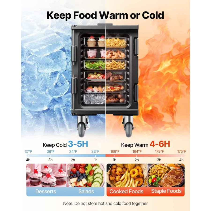 VEVOR Insulated Food Pan Carrier, 95 Qt Hot Box for Catering, Food Box Carrier with Buckle, Front Loading Food Warmer with Handles, End Loader with Wheels for Restaurant, Canteen