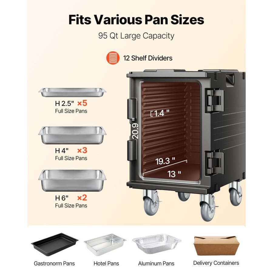 VEVOR Insulated Food Pan Carrier, 95 Qt Hot Box for Catering, Food Box Carrier with Buckle, Front Loading Food Warmer with Handles, End Loader with Wheels for Restaurant, Canteen