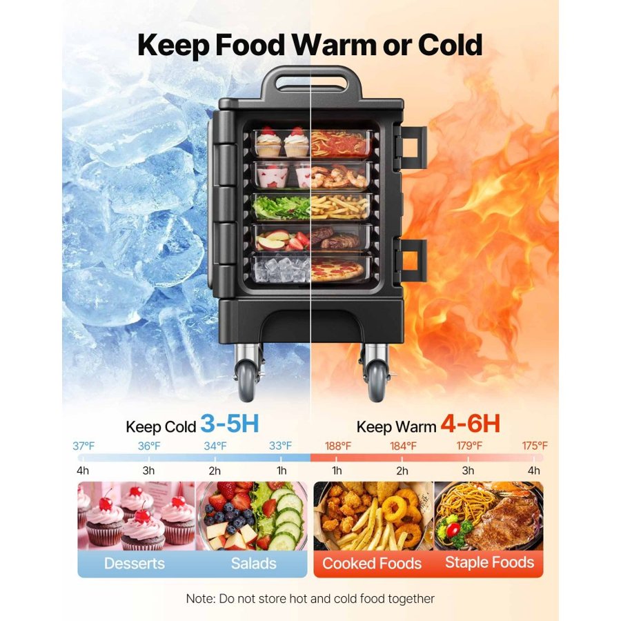 VEVOR Insulated Food Pan Carrier, 81 Qt Hot Box for Catering, Food Box Carrier with Double Buckles, Front Loading Food Warmer with Handles, Stackable End Loader with Wheels for Restaurant, Canteen