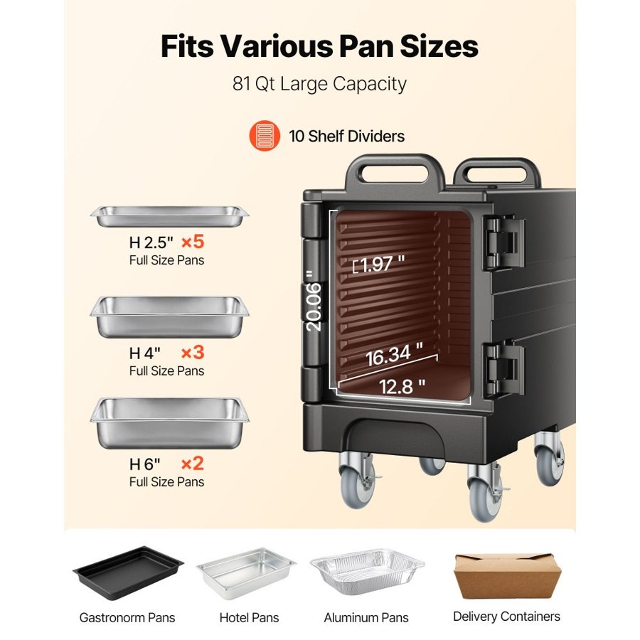 VEVOR Insulated Food Pan Carrier, 81 Qt Hot Box for Catering, Food Box Carrier with Double Buckles, Front Loading Food Warmer with Handles, Stackable End Loader with Wheels for Restaurant, Canteen