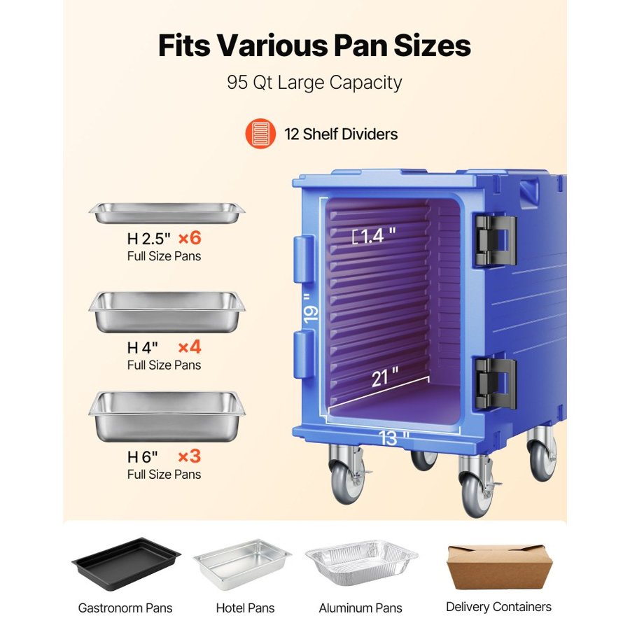 VEVOR Insulated Food Pan Carrier, 82 Qt Hot Box for Catering, LLDPE Food Box Carrier with One-Piece Buckle, Front Loading Food Warmer with Handles, End Loader with Wheels for Restaurant, Canteen, etc.
