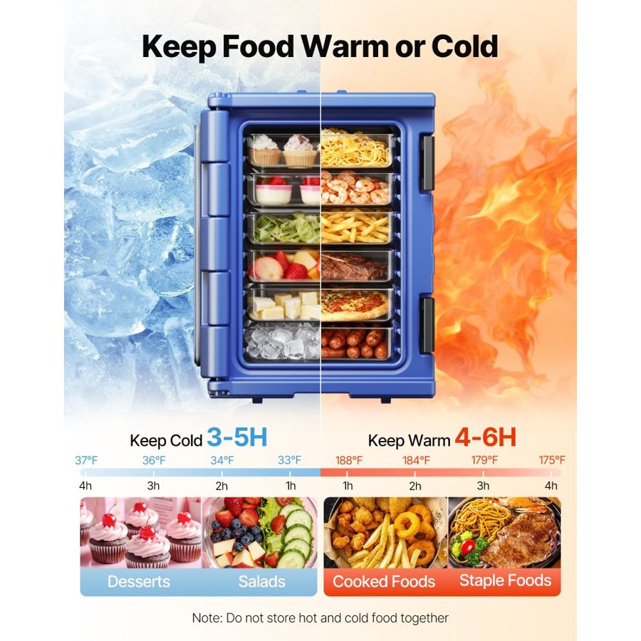 VEVOR Insulated Food Pan Carrier, 95 Qt Hot Box for Catering, Food Box Carrier with Double Buckles, Front Loading Food Warmer with Handles, Stackable End Loader for Restaurant, Canteen
