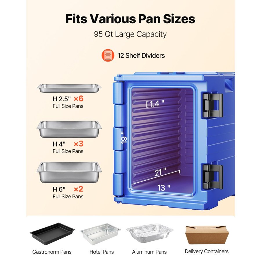 VEVOR Insulated Food Pan Carrier, 95 Qt Hot Box for Catering, Food Box Carrier with Double Buckles, Front Loading Food Warmer with Handles, Stackable End Loader for Restaurant, Canteen