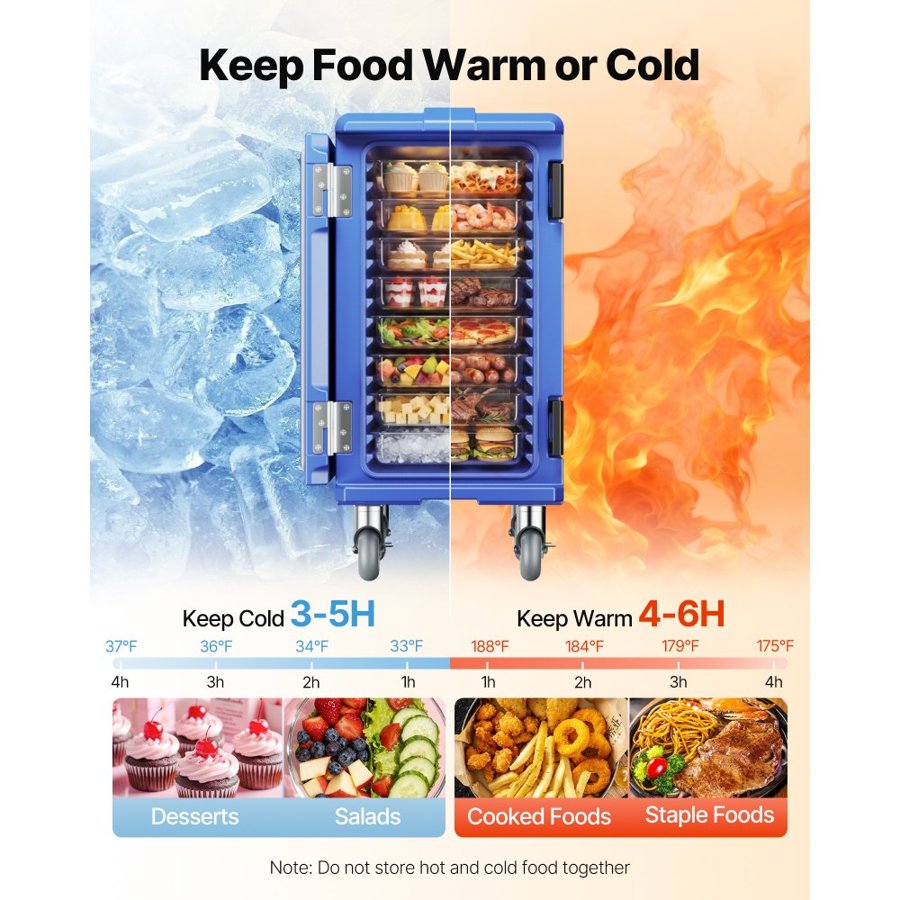 VEVOR Insulated Food Pan Carrier, 127 Qt Hot Box for Catering, Food Box Carrier with Double Buckles, Front Loading Food Warmer with Handles, End Loader with Wheels for Restaurant, Canteen