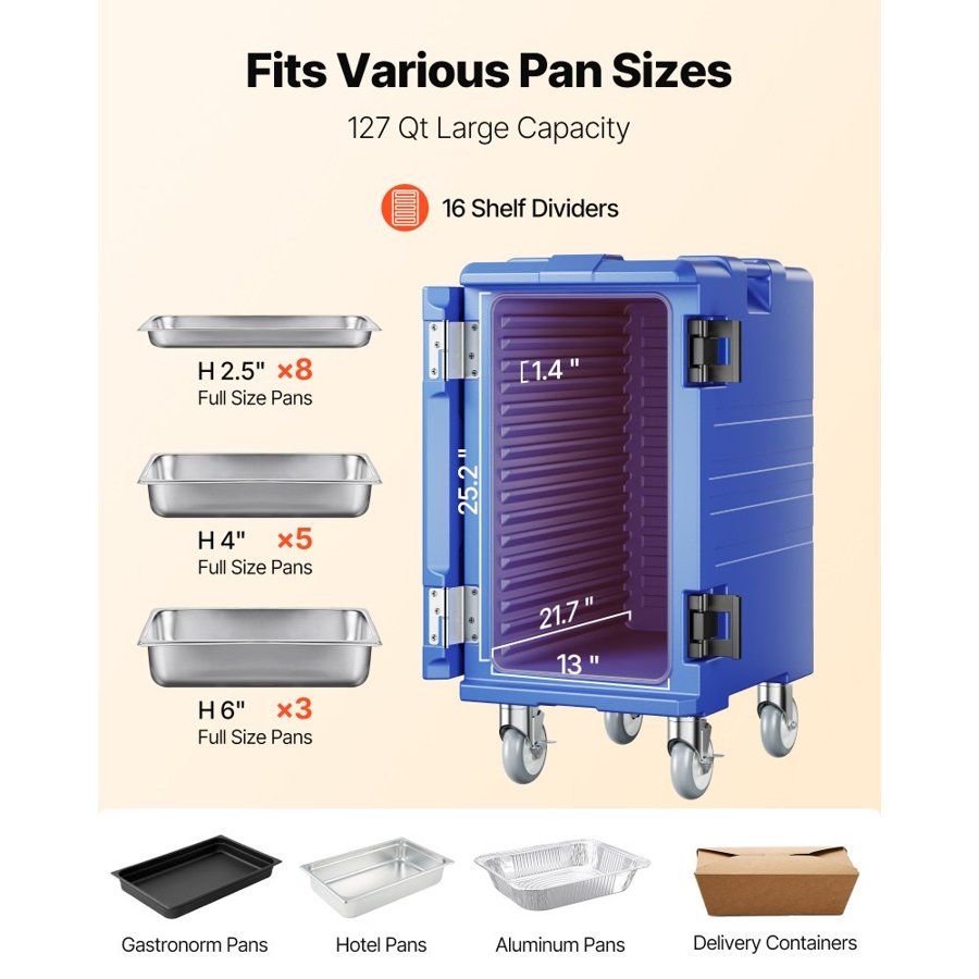 VEVOR Insulated Food Pan Carrier, 127 Qt Hot Box for Catering, Food Box Carrier with Double Buckles, Front Loading Food Warmer with Handles, End Loader with Wheels for Restaurant, Canteen