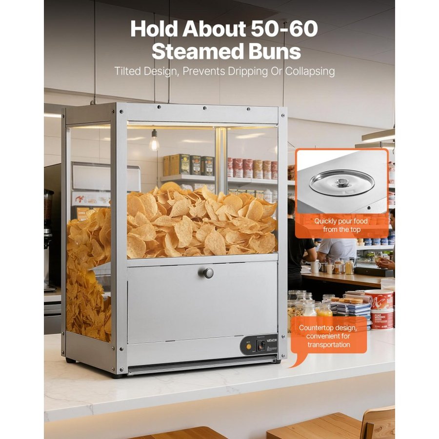 VEVOR Commercial Nacho Chip Warmer, 80L Chip Warmer Machine with Heating Base and Warming Light, Nacho Machine with Deflection Board, Stainless Steel, for Nacho Chips, Popcorn, Potato Chips, Peanut