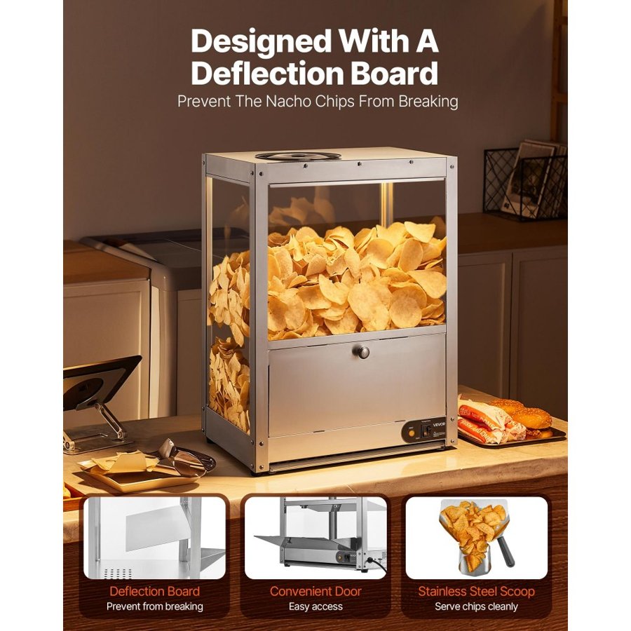 VEVOR Commercial Nacho Chip Warmer, 80L Chip Warmer Machine with Heating Base and Warming Light, Nacho Machine with Deflection Board, Stainless Steel, for Nacho Chips, Popcorn, Potato Chips, Peanut