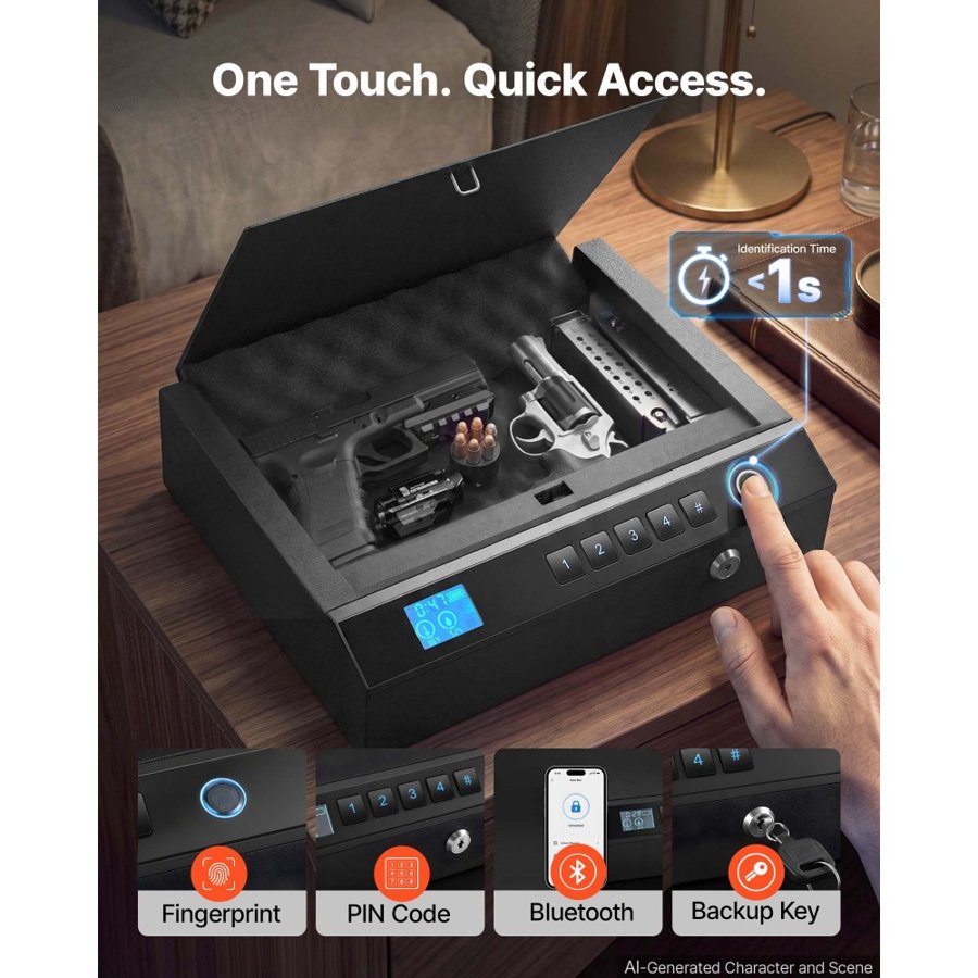 VEVOR Gun Safe for Handgun Biometric Fingerprint Pistol Safe with Bluetooth, for Storing 2 Handguns and 2 Magazines, 4-Way Quick Access, Steel Construction, with Automatic Lighting, Silent Mode, Black