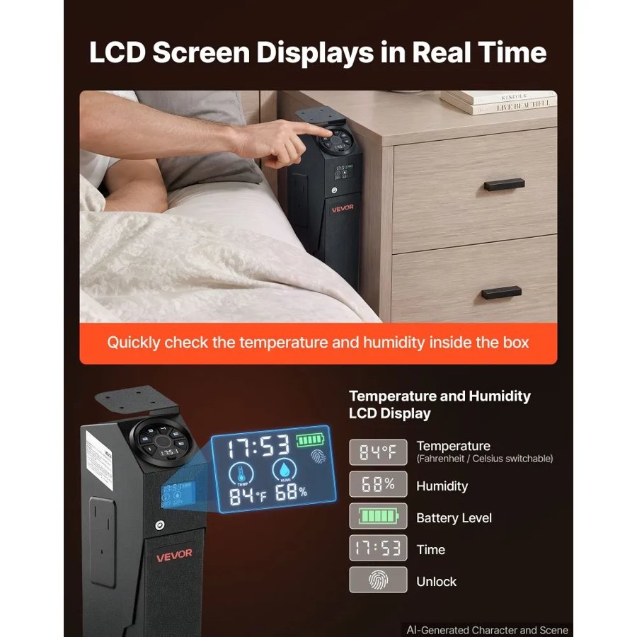 VEVOR Gun Safe for Handgun Biometric Fingerprint Pistol Safe 4-Way Access, for Bedroom Nightstand, Desks, Thick Steel Construction, with LCD Display, Automatic Lighting, Optional Silent Mode, Black
