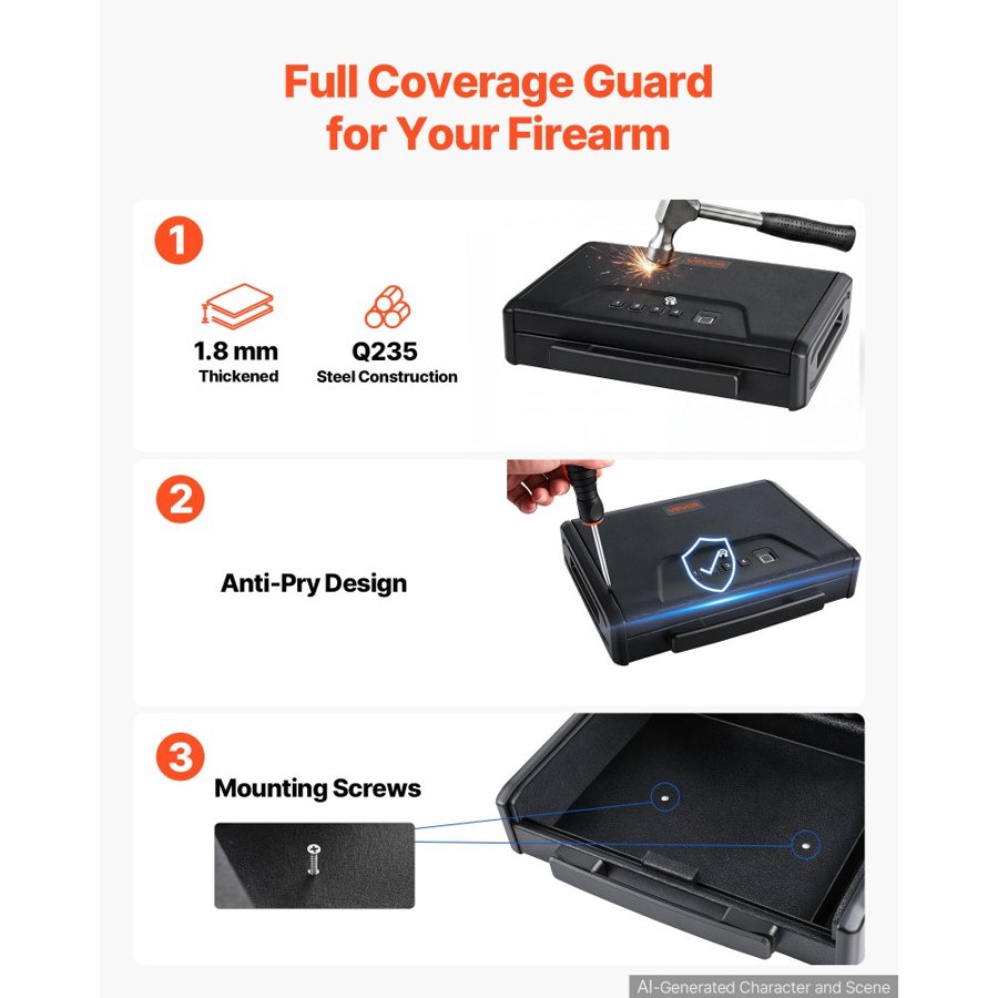 VEVOR Gun Safe for Handgun Portable Biometric Fingerprint Pistol Gun Safe, for Nightstand, Travel, Car, 3-Way Quick Access, Thick Steel Construction, with Carry Handle, Optional Silent Mode, Black