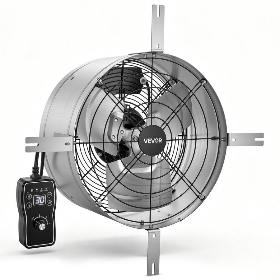 VEVOR Gable Mount Fan, 38 cm Gable Attic Vent Exhaust Fan with Thermostat, 1300 CFM Cooling and Ventilation for Home, Garage, Warehouses, Workshops, Carbon Steel Housing with Mounting Brackets, Silver